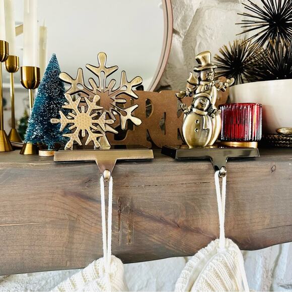 NEW ANTHROPOLOGIE Brass Gold Stocking Holders Snowflake Tree Snowman Gnome Set 4 - Picture 2 of 16